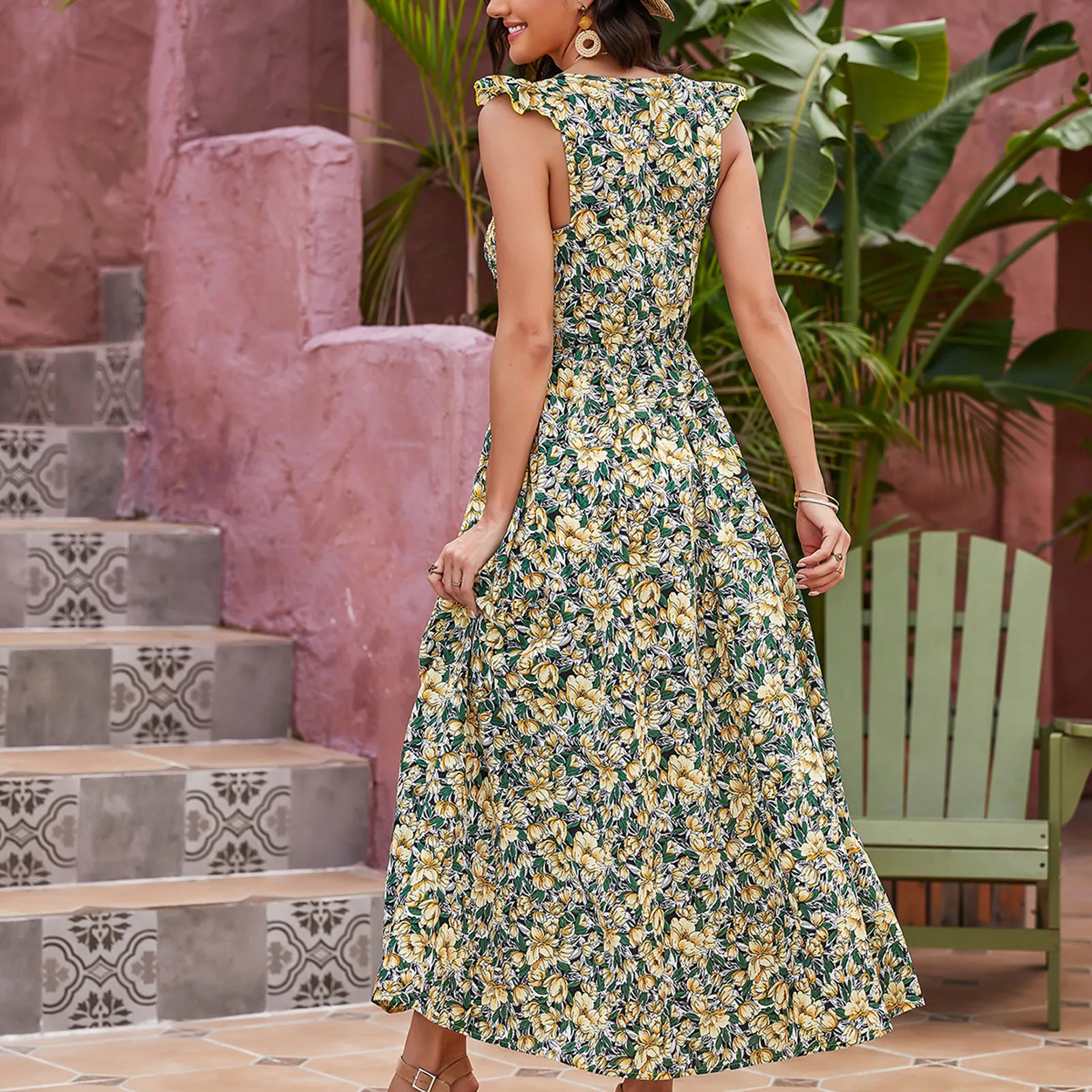 

Women Fashion dress Bohe Dot Print Camisole O-Neck Button Ruffled Loose beach holiday Female Summer sexy Long Sundress 2021 #40