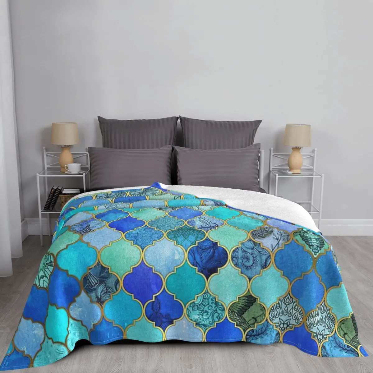 Cobalt Blue Aqua Gold Decorative Moroccan Tile Pattern Throw Blanket Pompompurin Bed Cover 240 Love Throws | Дом и сад