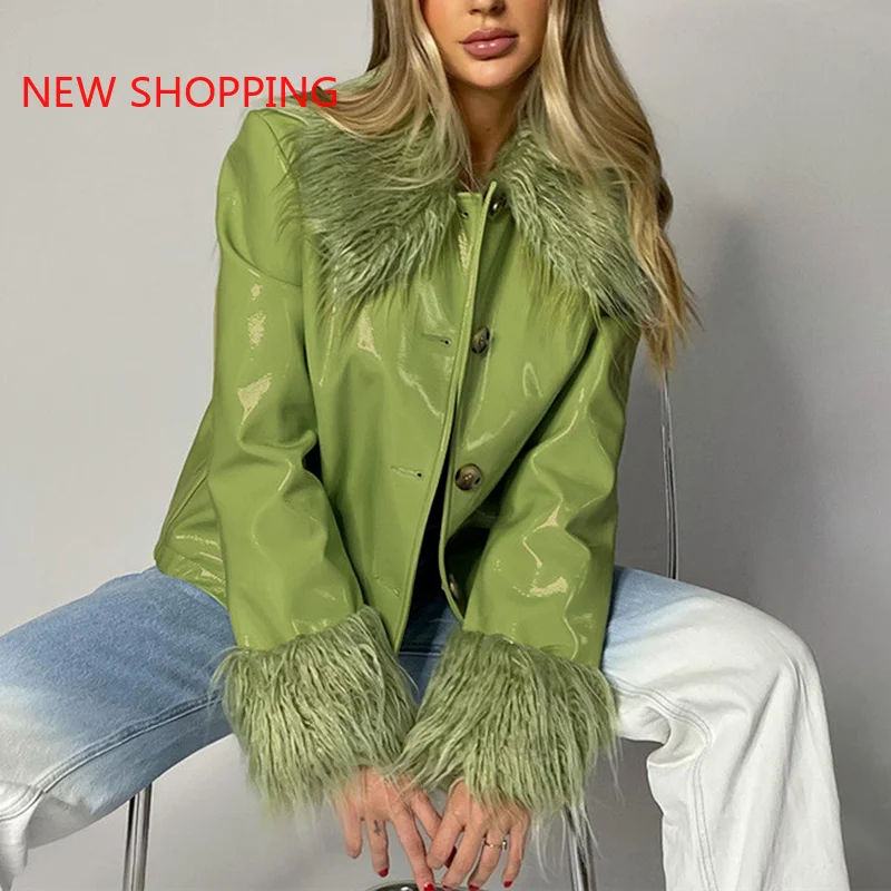 Goth PU Leather Jacket Fur Collar Y2k Women Winter Warm Faux Fur Coats Gothic Fashion Punk Street Cropped Coat Black Green Brown