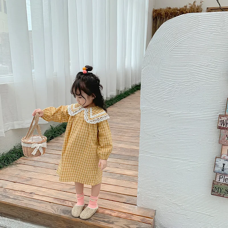 Baby Girls Plaid Dress Korean Style Autumn New Chic Children Princess Dresses Lace Collar Robe Toddlers Kids Clothes