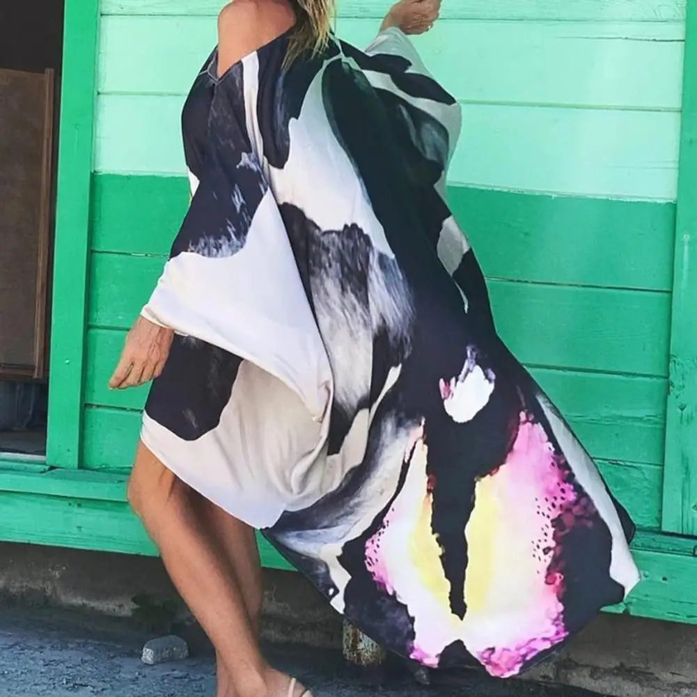 

Summer new women's fashion loose bat sleeves irregular hem strapless floral print beach skirt swimwear