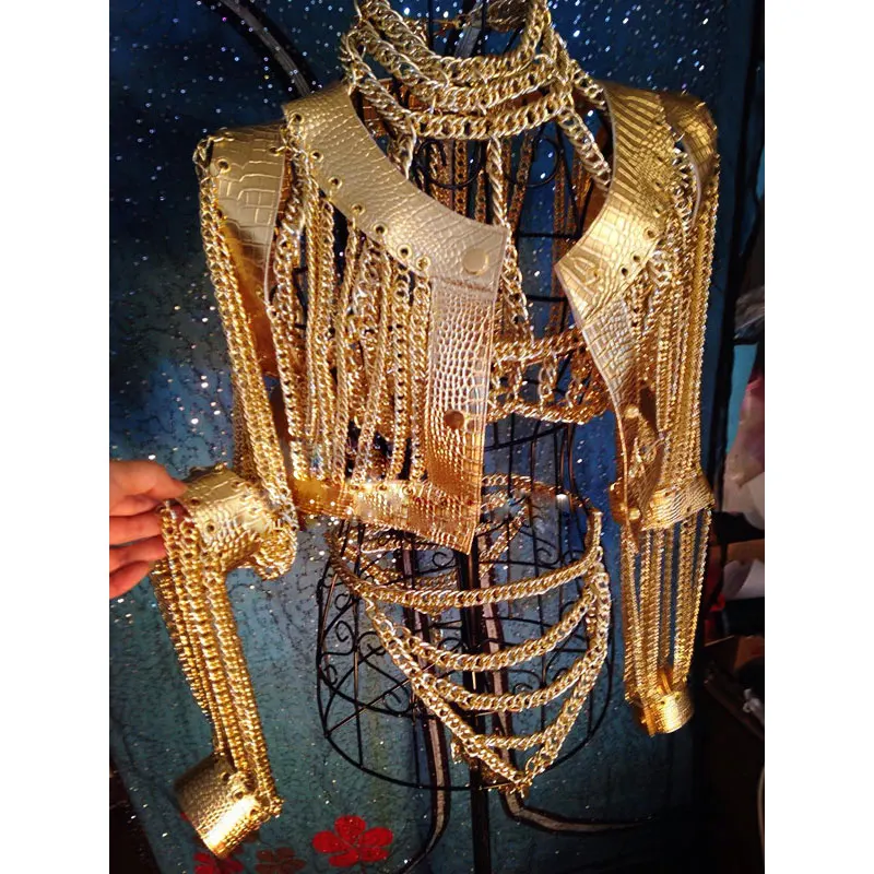 Women Sexy Gold Chains Costume Outfit Stage Performance bar Nightclub show Bra Short coat Festival rave wear | Тематическая одежда