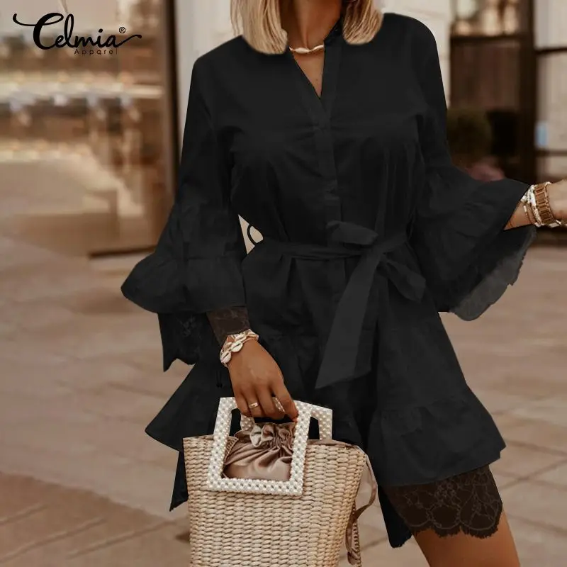

Women Shirt Dress 3/4 Sleeve Celmia Elegant Fashion Vestidos 2022 Autumn V-neck Stitching Lace Mini Dresses Solid Buttons Robes