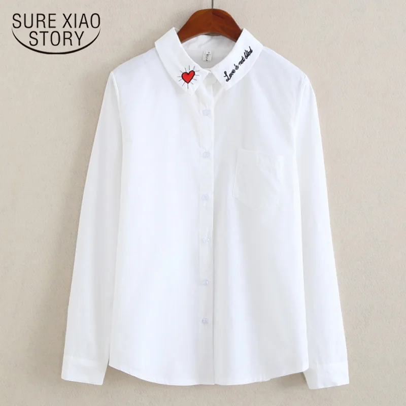 

2022 White Shirt Long Sleeve Autumn Shirt Women Bottoming Shirt Love Embroidered Blouse Cotton Women Blouse Ladies Tops 5598 50