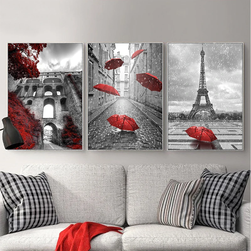 Настенный плакат черного белого красного цвета с принтом зонта дерева городской