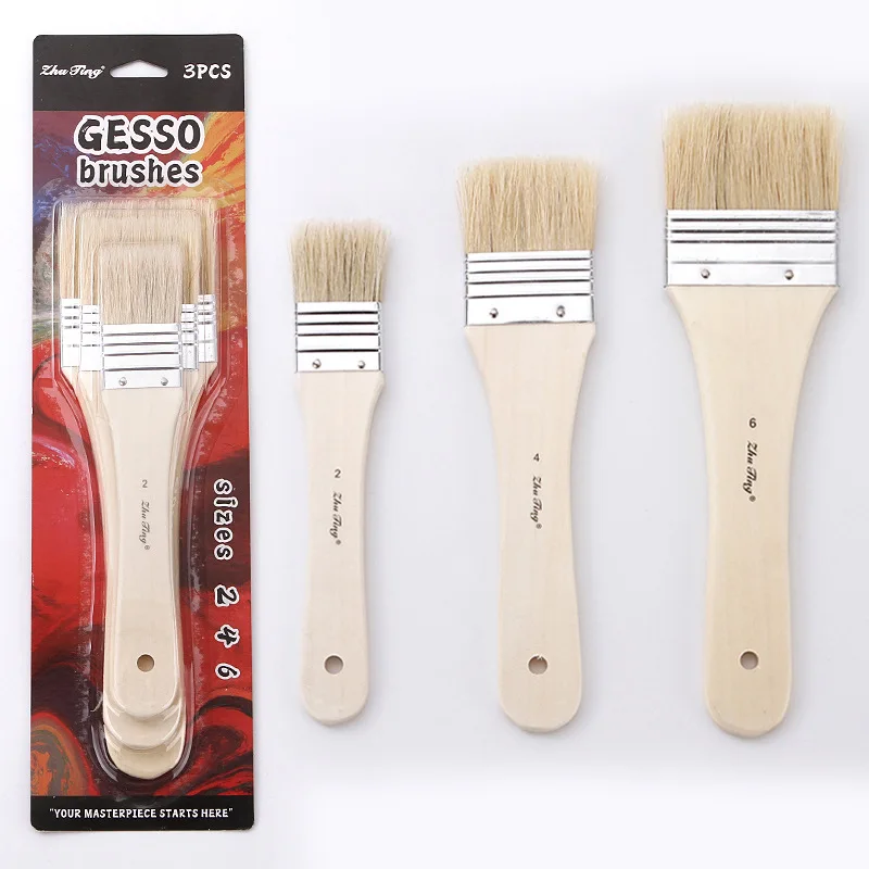

3pcs Bristle Wide Flat Template Paint Brushes Set Pig Hair Natural Wood Stencil Brush Set Large DIY Painting with Blister Card
