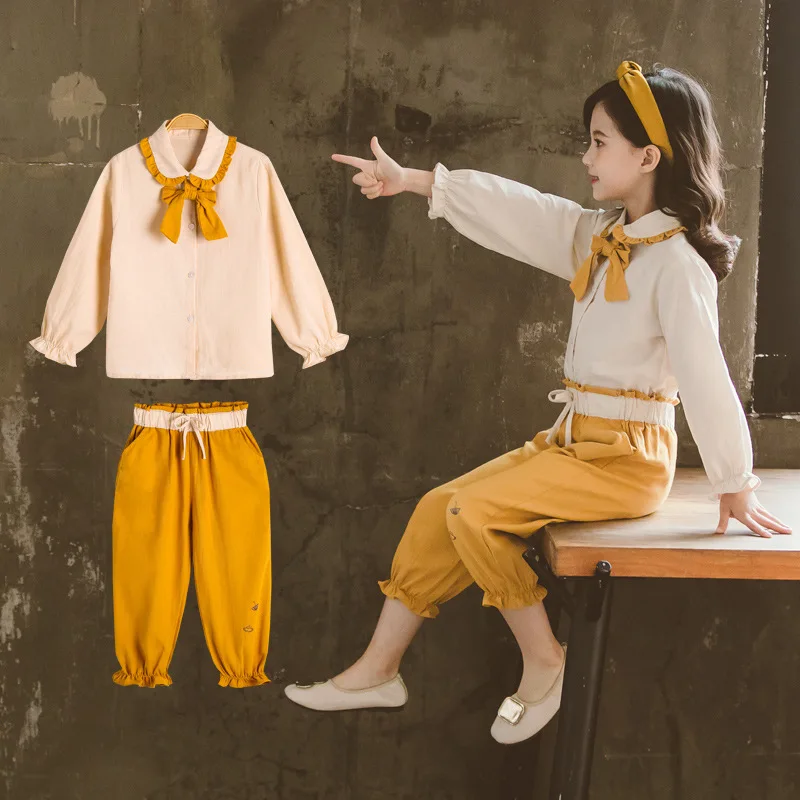 

Girls Clothing Sets Spring Autumn Children Clothes Baby Girls Cute Bow Tie Shirt+Pants 2 Pcs Outfit 3 5 7 9 11 13 Y Kids Costume