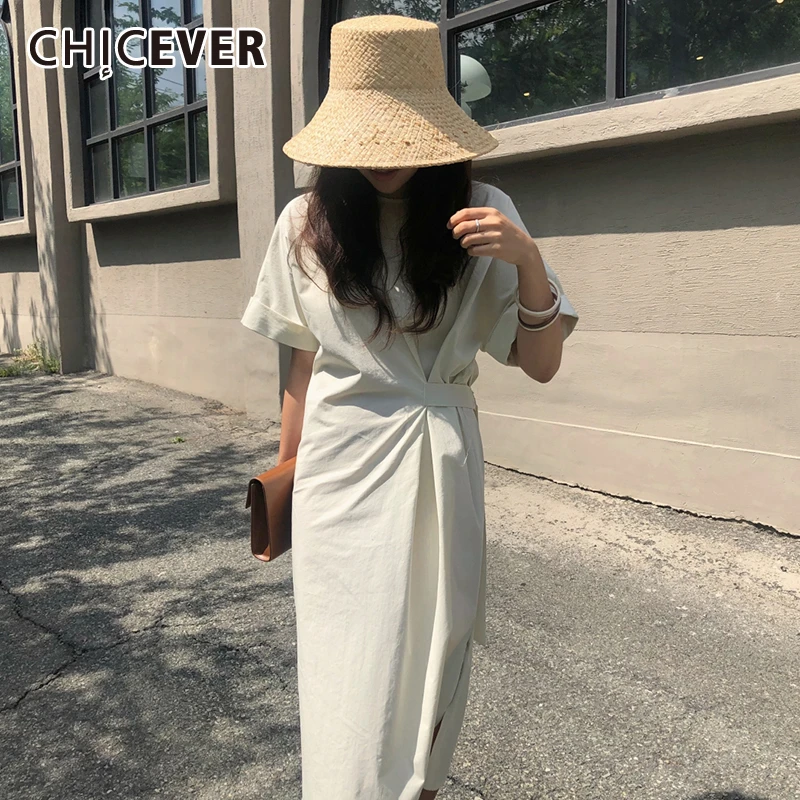CHICEVER Повседневное однотонное женское платье с круглым вырезом короткий рукав