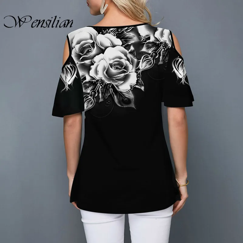 Женская футболка с коротким рукавом и цветочным принтом свободного покроя |