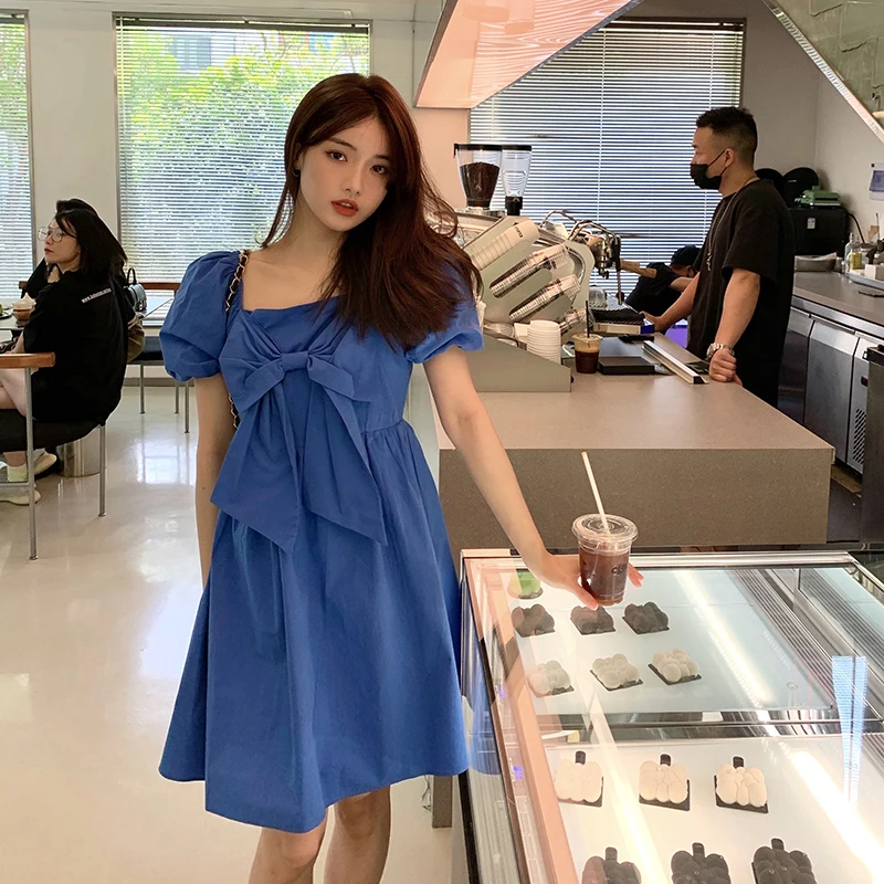 

COIGARSAM Women Mini dress Puff Sleeve Bow Square Collar High Waist Dresses White Blue 7028