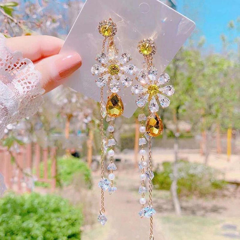 

Vitality girl rhinestone flower earrings yellow amethyst long pearl tassel wild silver needle earrings for women girl jewelry
