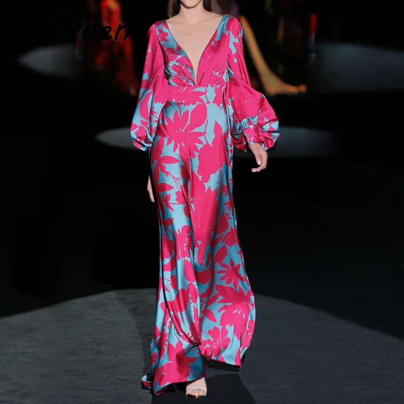 

Gedivoen Casual Rose Red Women Dress V-Neck Lantern Sleeve Printing Solid Color Ankle-Length Dresses Female Fashion New