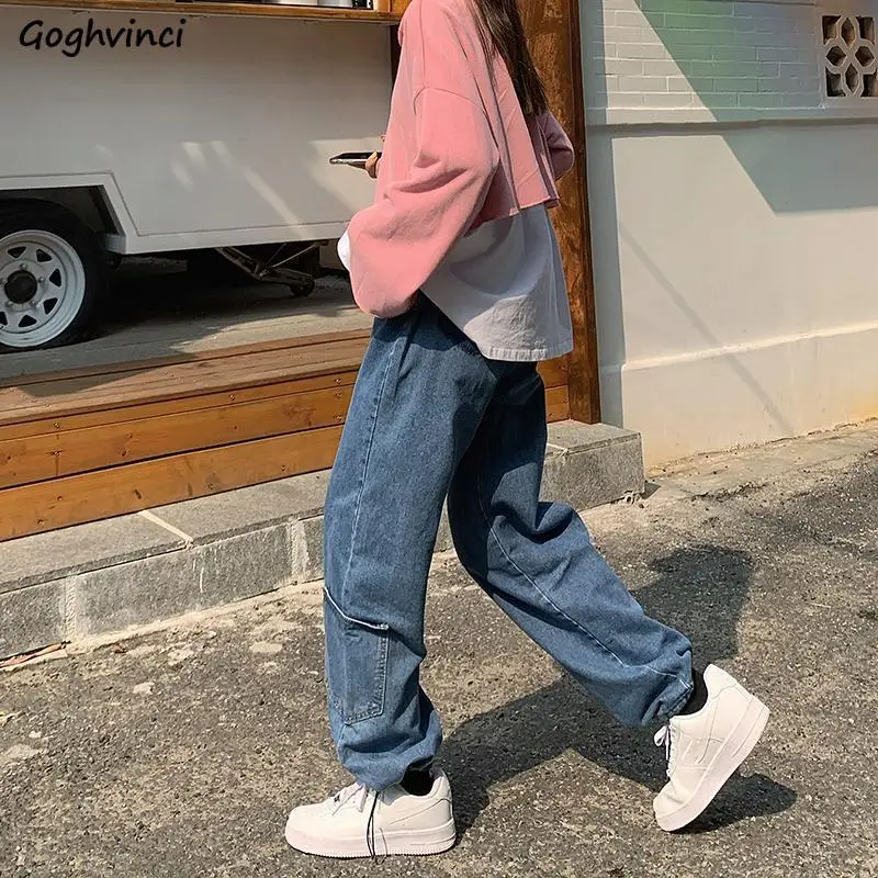 

Jeans Women Denim Trousers Fall Winter Vintage Pockets Drawstring Harajuku High Street Cool Retro Chic Loose Fashion Casual Teen