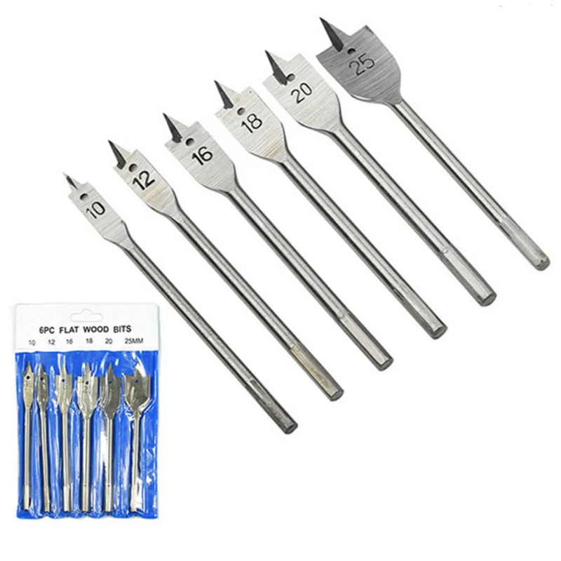 ZK30 6pcs/set Flat Drill Bits 3-point Woodworking Opener with Hexagonal Handle Wood Working Tools Spade Drill Bits10-25mm