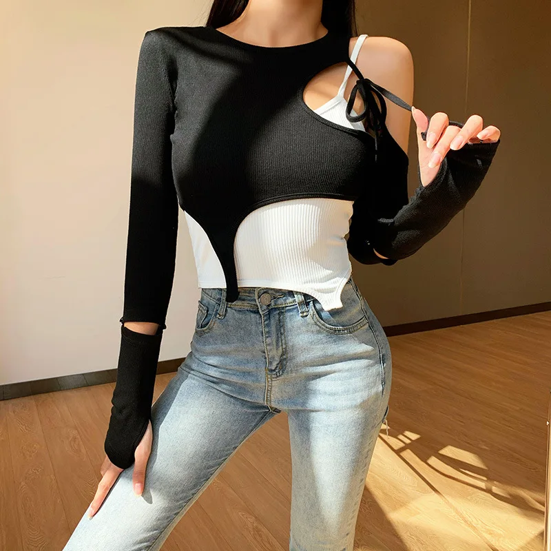 

Autumn New Personality Trend Stitching Deconstructed Bandage Detachable Sleeve Irregular Crop Top Women T-shirt