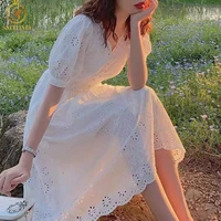 smthma elegant white floral embroidery cotton dress women casual high fashion sexy v neck mid length dresses ladies summer robe