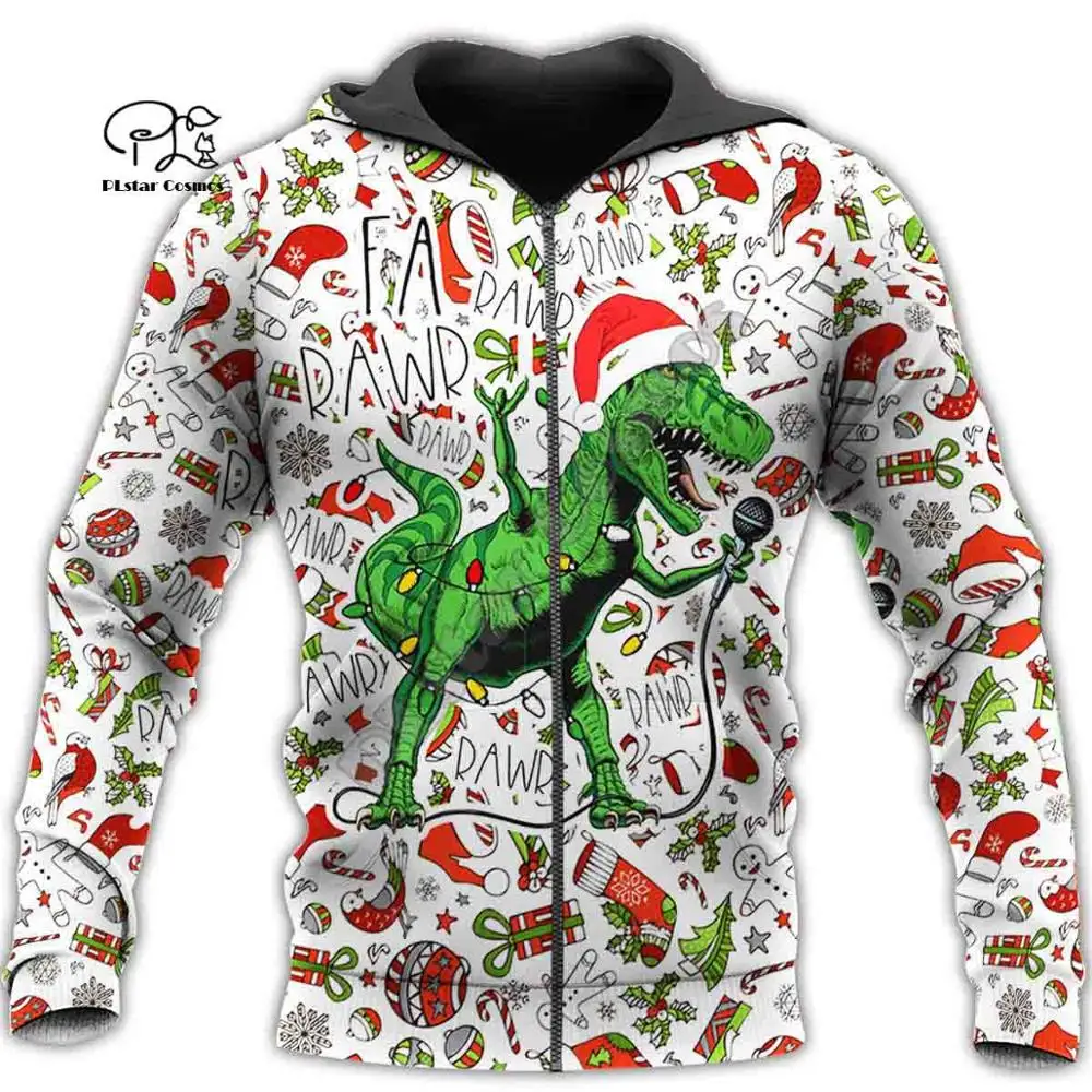 

PLstar Cosmos 3DPrint Merry Christmas Santa Claus Dinosaur Unisex Harajuku Streetwear Man/Woman Funny Zip Hoodies/Sweatshirt-b6