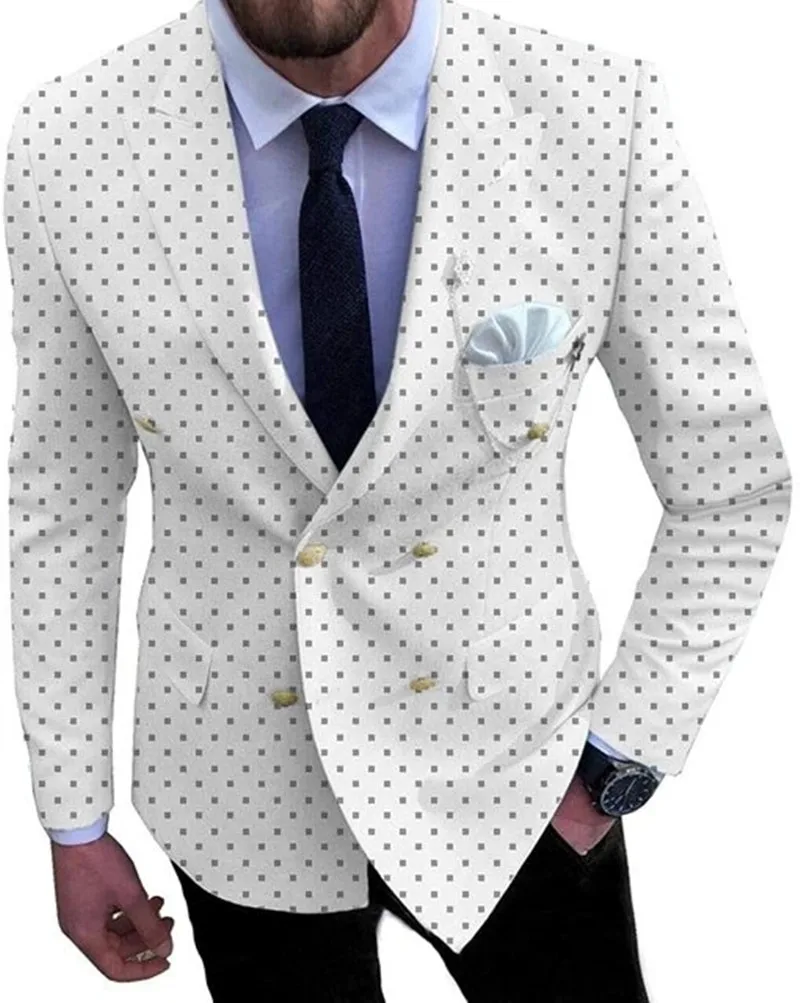 

Latest Design White Chek Dot Peaked Lapel Double-breasted Men Suits With Black Pants Tuxedos Groom Wedding Formal Slim Fit Wear