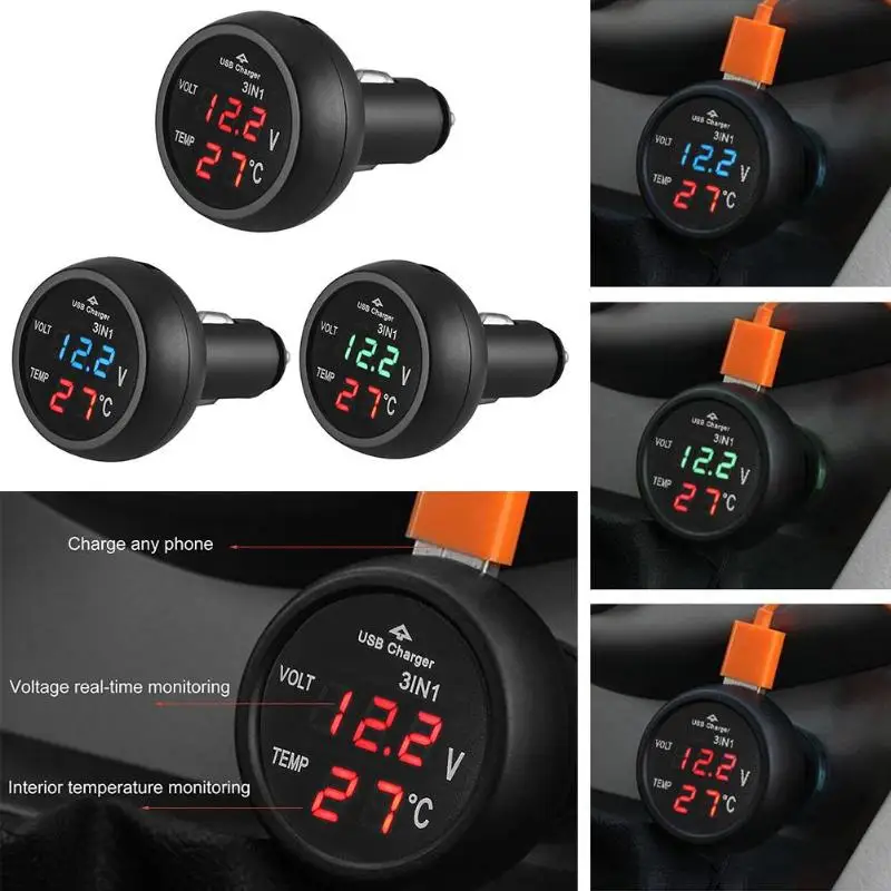 universal 12v 24v car volt meter auto led digital voltmeter gauge thermometer usb charger voltage meter free global shipping