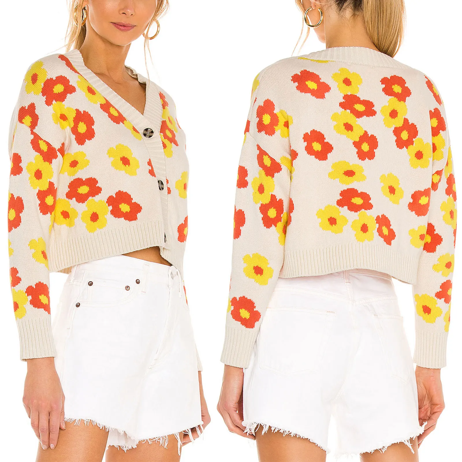 

Women's Cropped Cardigan, New Fashion Sexy Long Sleeve Button Down Floral Print Knit Sweater Women's Clothing