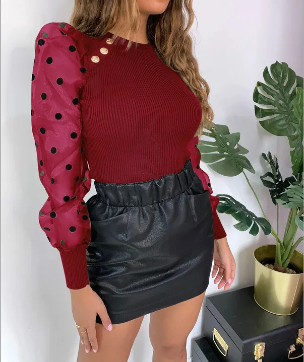 Женская блузка в горошек с круглым рукавом-фонариком | одежда