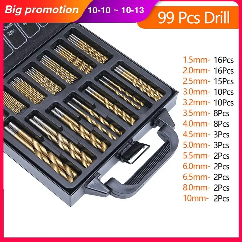 

99PCS HSS Twist Drill Bit Set 1.5-10mm Titanium Coated Surface 118 Degree For Drilling wood Thin Metal DIY Home Use With Box