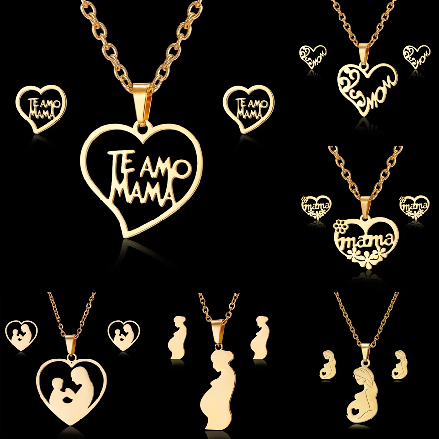 

Mom Birthday Mother's Day Jewelry Set Gift Stainless Steel Mama Love Heart Rose Flower Necklace Earrings Thanksgiving Day Gifts