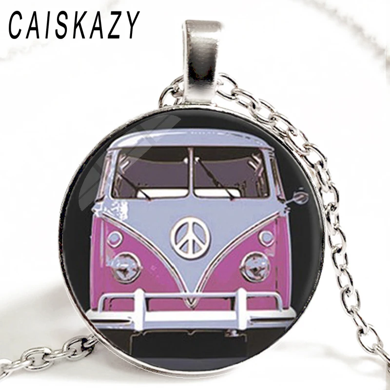 Творческий Винтаж Hippie PEACE ЗНАК автобус кабошон Цепочки и ожерелья в виде милого