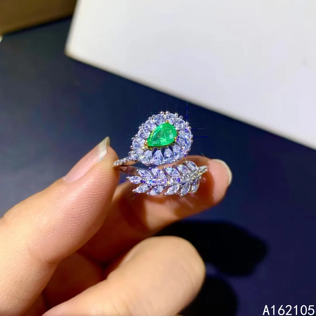 925 pure silver Chinese style natural Emerald women's luxury elegant water drop plant adjustable gem open ring fine jewelry supp