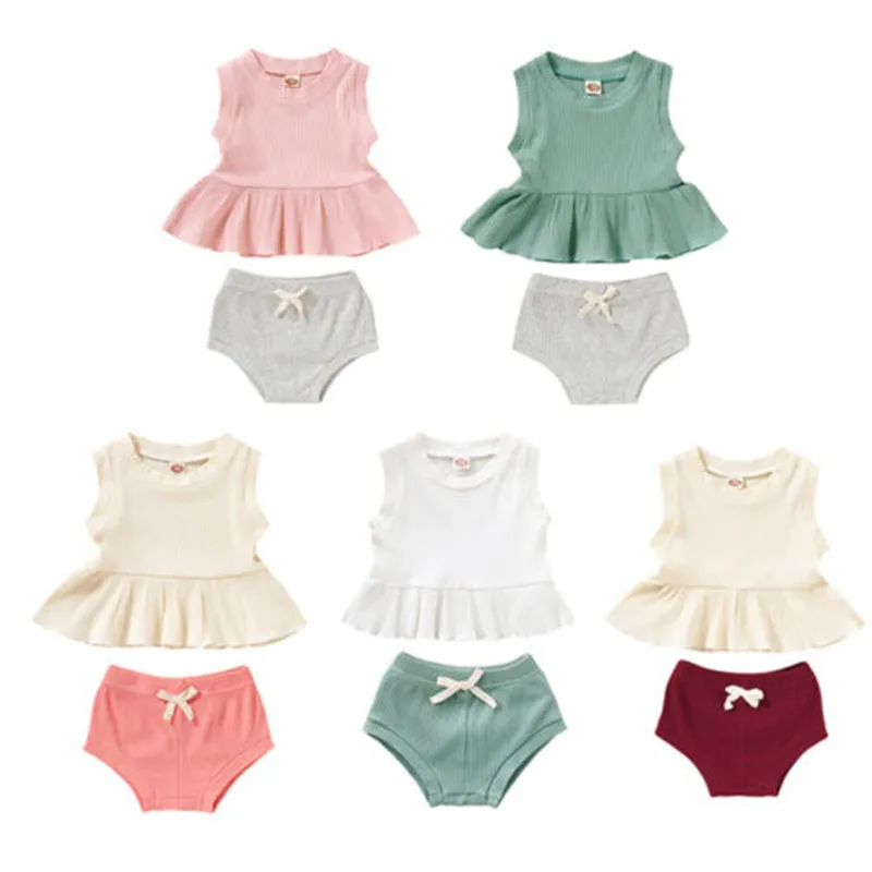 

2020 Brand New Summer Newborn Baby Girls Cotton Clothes Set Summer Sleeveless Ruffle Top Shorts Pants Cotton Outfit Sunsuit 2Pcs