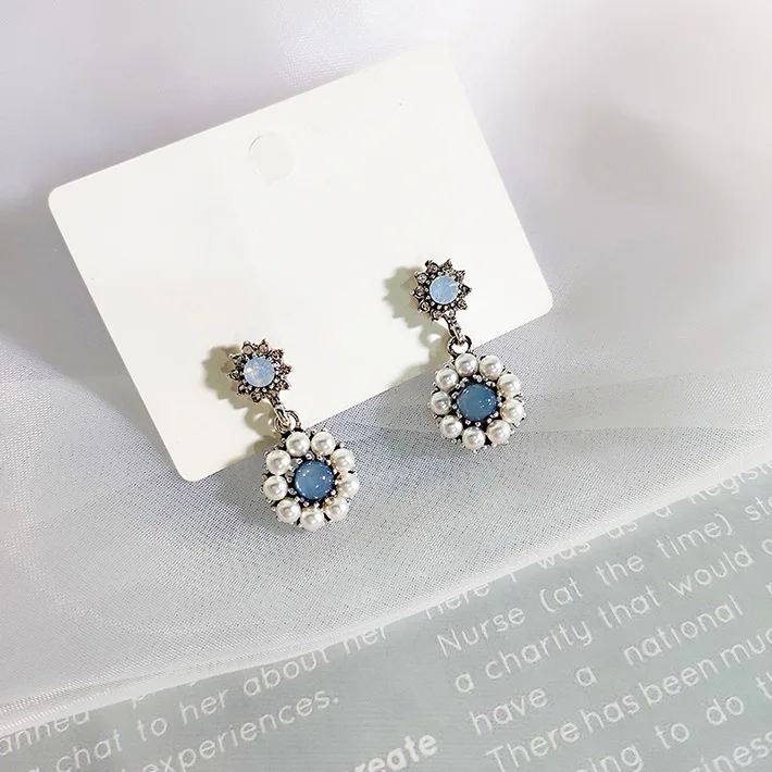 

SJDI-311 Trendy Acrylic Round Women Dangle Earrings Blue Crystal Pearl Flower Earrings Bohemian Fashion Earrings For Women State