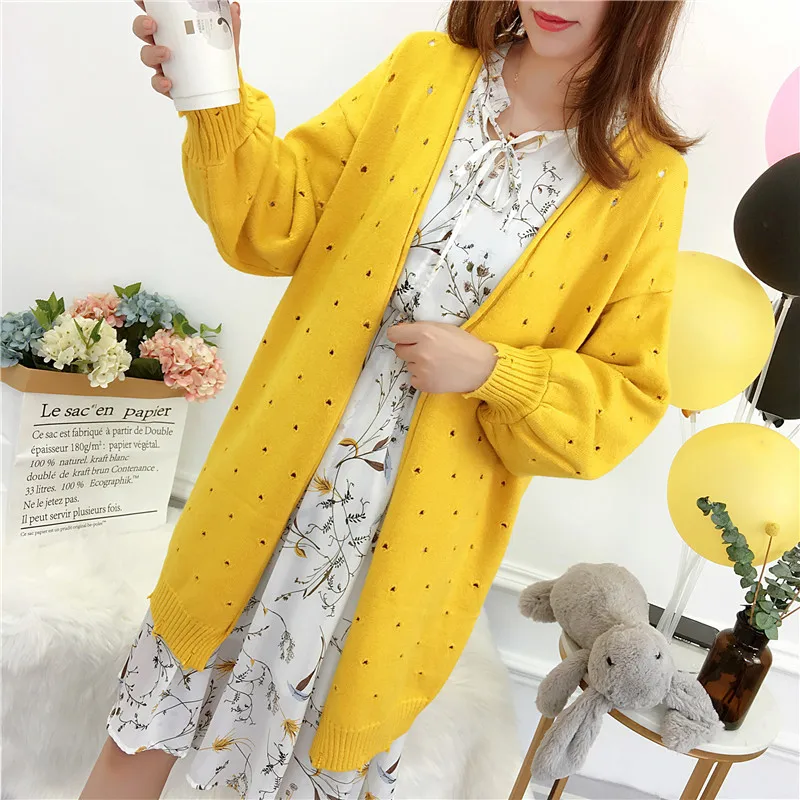 

Spring Autumn Holes Knitted Sweater Women 5 Color Mid Length Cardigan Tops Loose V-Neck Long Sleeve Knitting Jacket Coat Female