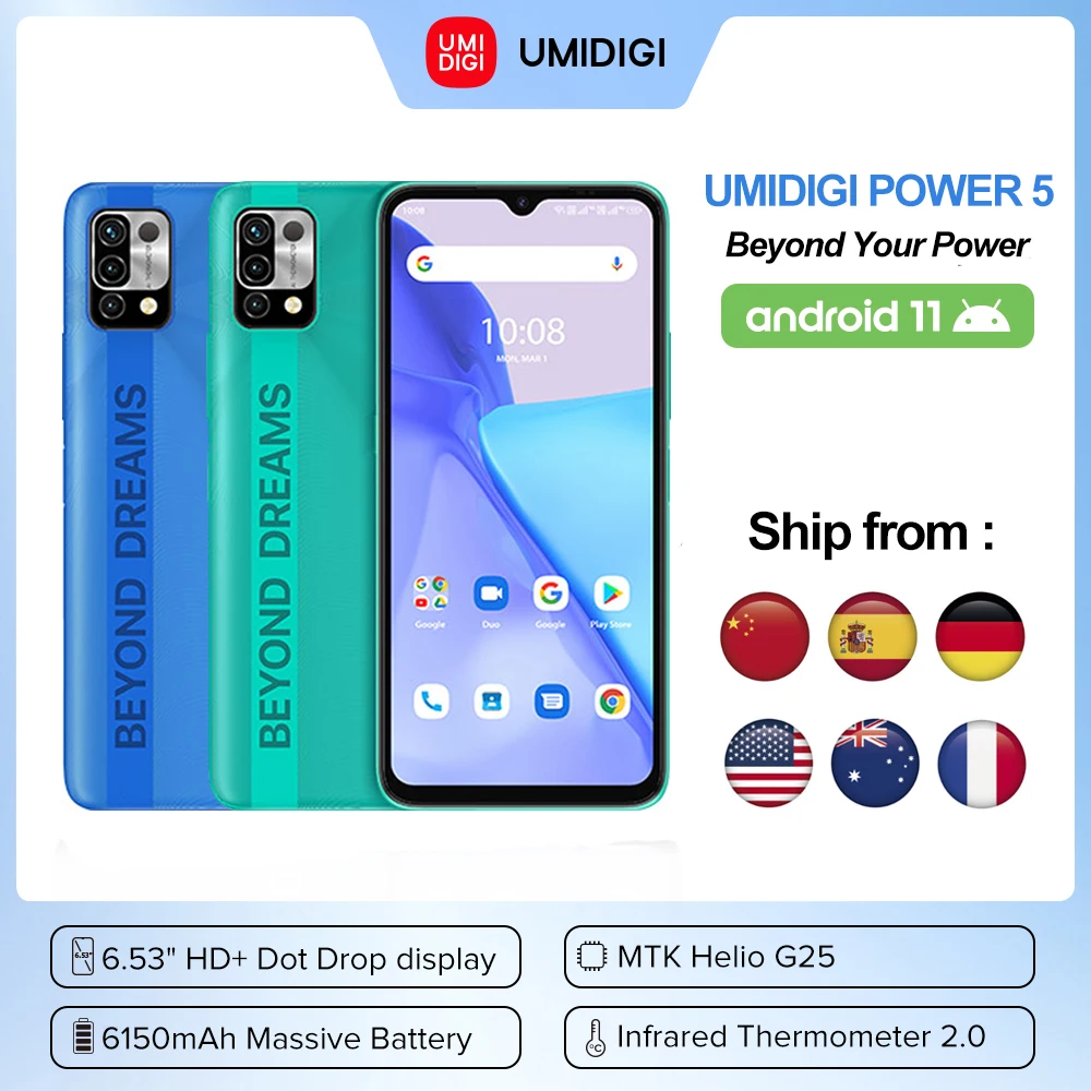 UMIDIGI Power 5 Global Version Smartphone Android 11 4GB 128GB Helio G25 16MP AI Triple Camera 6150mAh 6.53'' HD+ Full Screen |