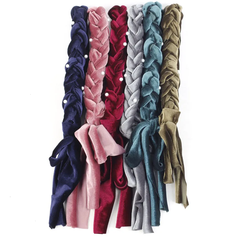 Geebro Женские полосатые бархатные жемчужные косички повязки на голову зимние