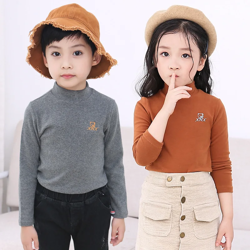 

Autumn and Winter Boys and Girls Solid Color Underwear Home Children's Bottoming Shirt Long-sleeved Top Half High Collar T-shirt