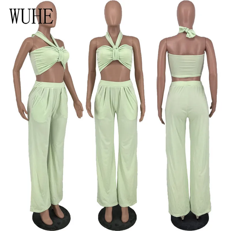 

WUHE Nightclub Party Two Piece Suits Sexy Hollow Out Sleeveless Breast Wrap Halter Top and Pockets Long Pants Casual Outfits