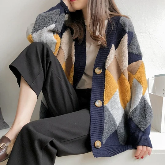 navy blue Клетчатые Длинные кардиганы, женские свитера, джемпер с пышными рукавами, повседневные женские вязаные куртки, зимняя верхняя одежда, пальто, женский свитер, Mujer - Цвет: navy blue