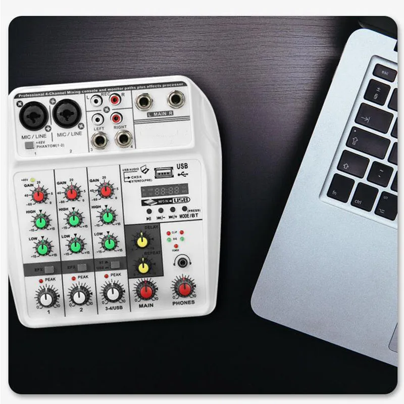 

Mini Audio Console Bluetooth 48V Phantom Power 4 Channels for DJ Karaoke Multi-Function Digital Display MP3 USB Recording