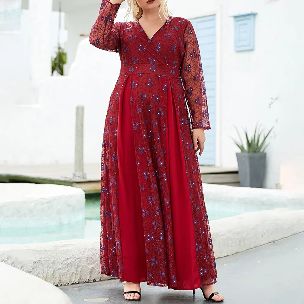 

Spring Summer 2021 New Fashion Oversize Women's Dress Lace Hollow Out Splicing Printing Red V-neck Long Sleeve Temperament