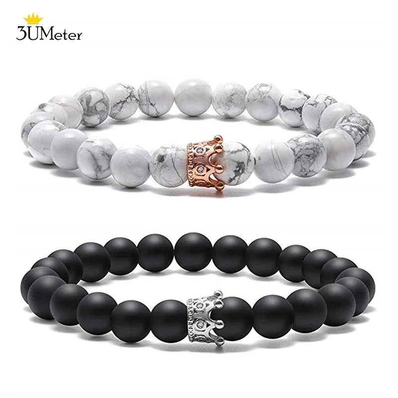 

King&Queen Crown Distance Couple Bracelets for Men Women 8mm Black Matte Natural Stone Healing Energy Beads Stretch Bracelet