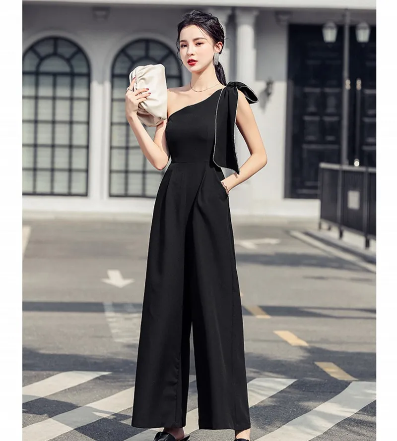 

Женский модельный комбинезон, черный комбинезон с открытыми плечами и широкими штанинами в стиле звезд, для офиса, для лета, 2021