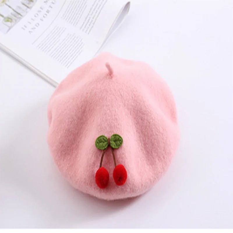 Cherry Beret  Children’s Child’s 2-6 Autumn Winter Warm Girl Pure Color Cute Japanese Style Handmade Fashion Painter Berets Kids Hats Headwear for Girls Toddlers in Pink