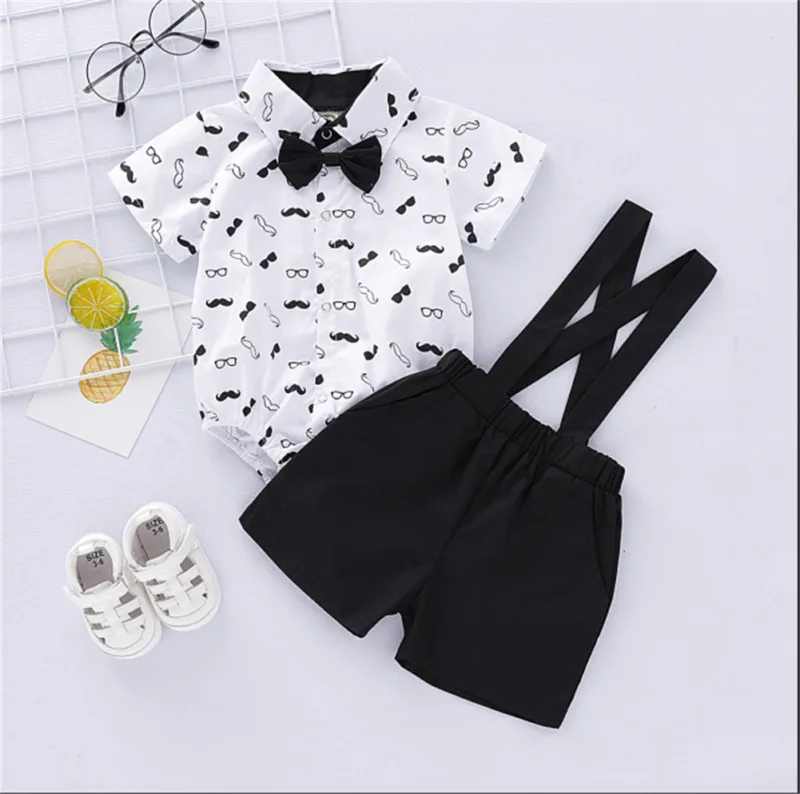 

0-24 months Summer Clothes Toddler Baby Boy Clothes Suit Wedding Bowtie Gentleman Romper Shorts Outfit Set Clothes 2PCS