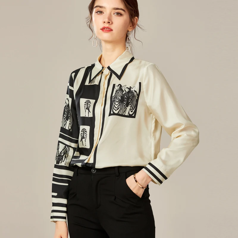 

100% Silk Women's Shirt Turn Down Collar Long Sleeves Cartoons Printed Elegant Blouse Fashion Camisa Tops