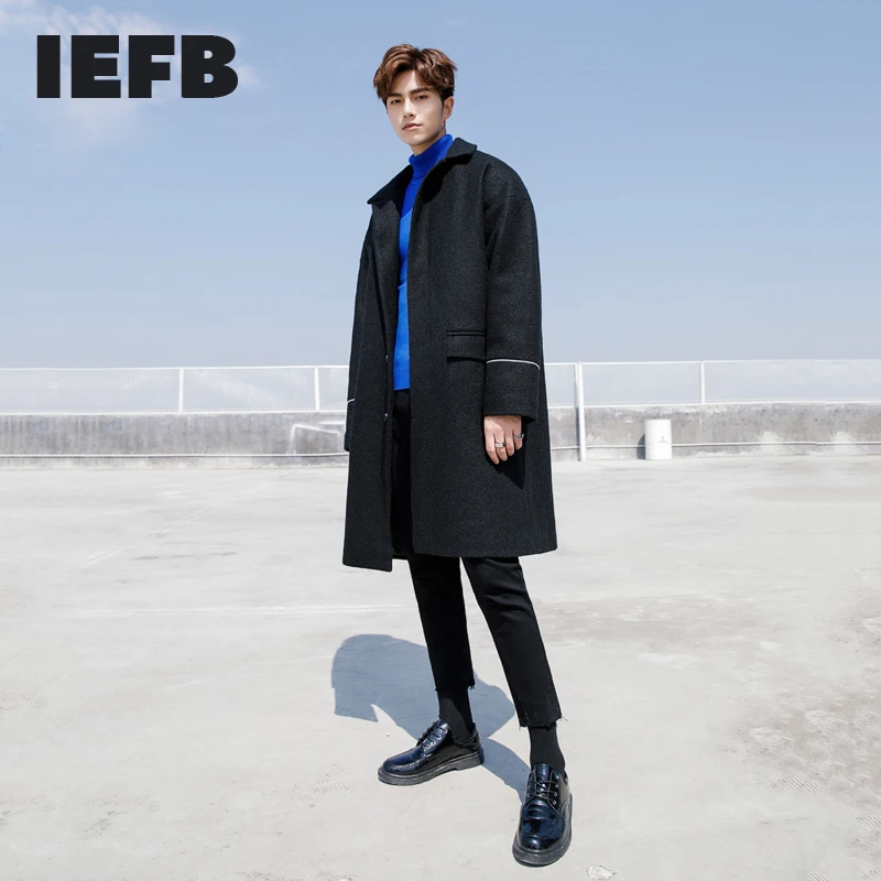 

IEFB 2021 Men's New Winter Korean Style Cotton Solid Color Woollen Coat Buttoned Loose Casual Medium Length Ins Cool Windbreaker