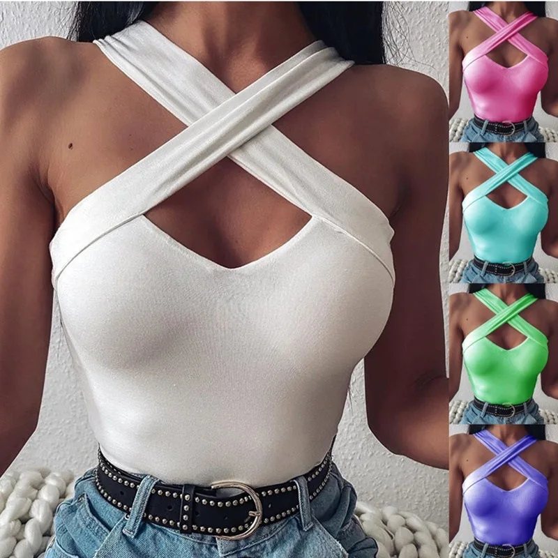 

Halter Off Shoulder Hollow Out Club wear Tank Vest Crop Tops 2021 Sexy Summer Solid Color Body con Party Tank Streewear Bustier
