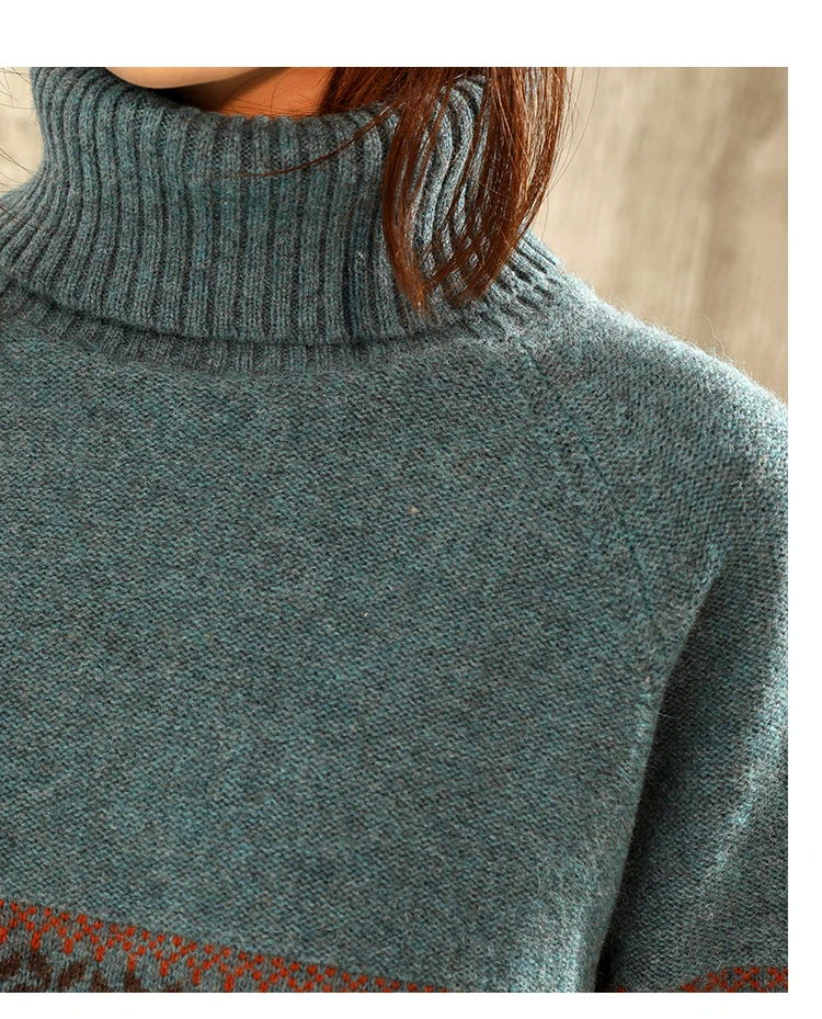 

2020 Winter New Retro Acquard Cashmere Sweater Female Turtleneck Sweater Color Matching Striped Loose Sweater Bottoming Sweater