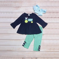 autumn girls clothes navy blue long sleeves top and green plaid trousers tractor pulling hen embroidered toddler girl outfits