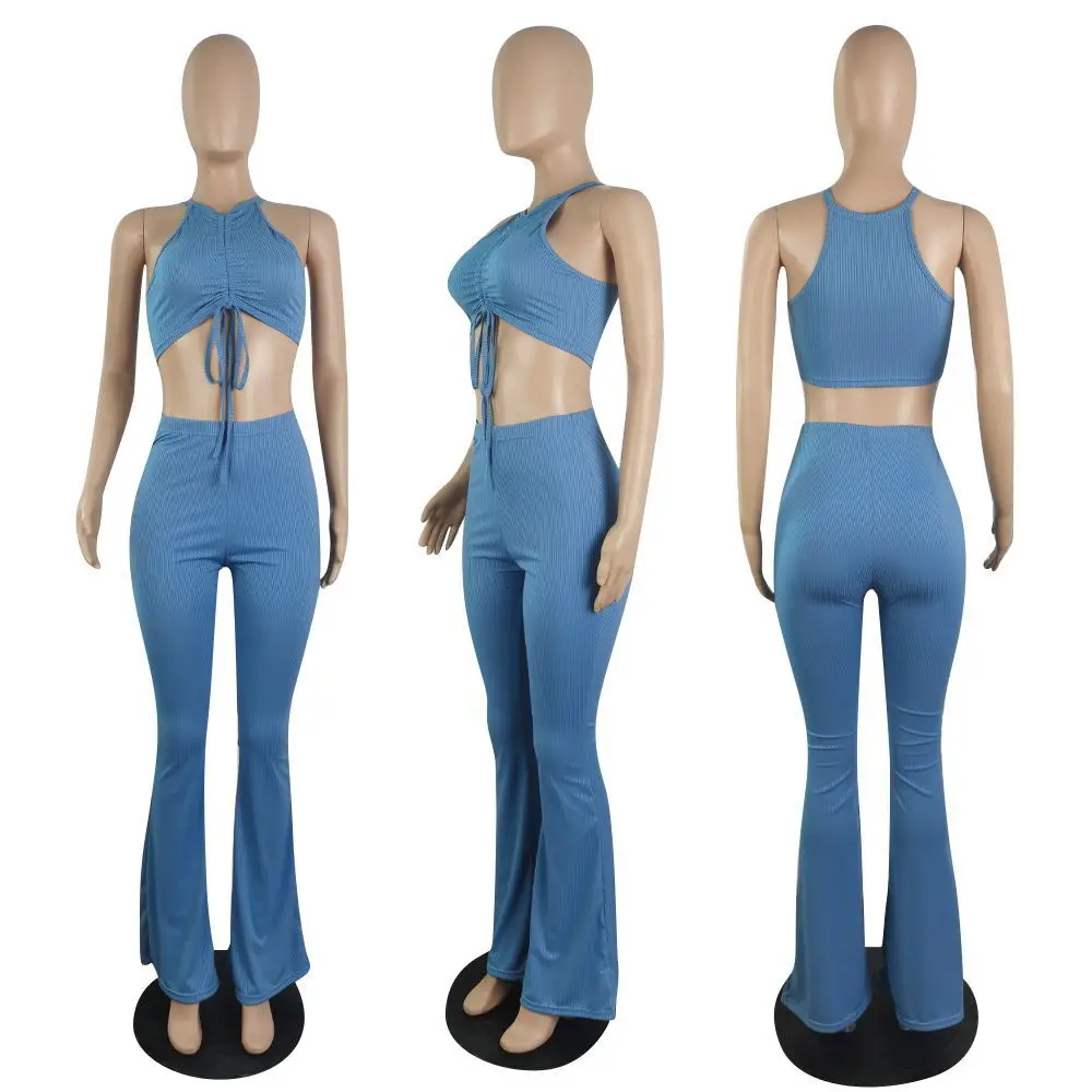 

Adogirl Ribbed Two Piece Set Woman Drawstring Crop Top And Wide legs Pants Casual High Street Wear Solid Color Tracksuit S-XXL