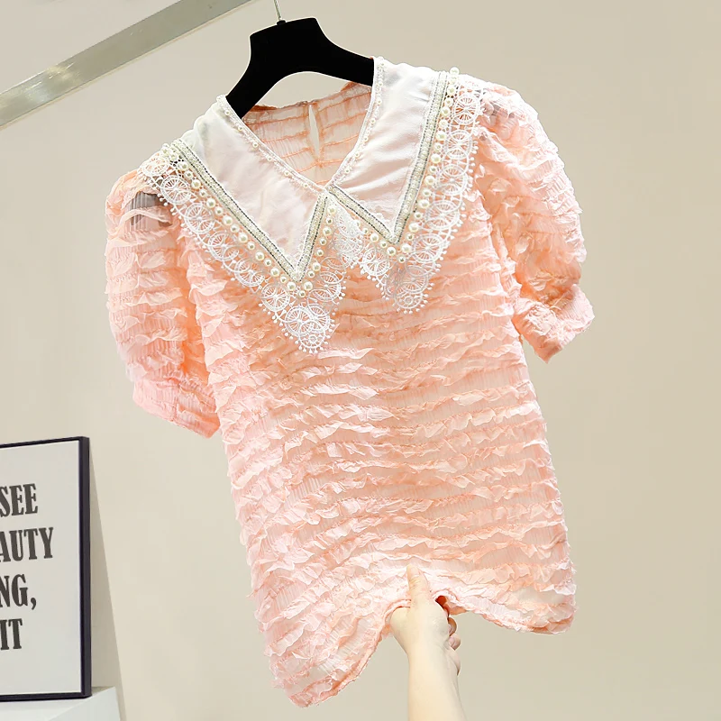 Летняя кружевная рубашка для женщин ручной работы украшенная бисером и